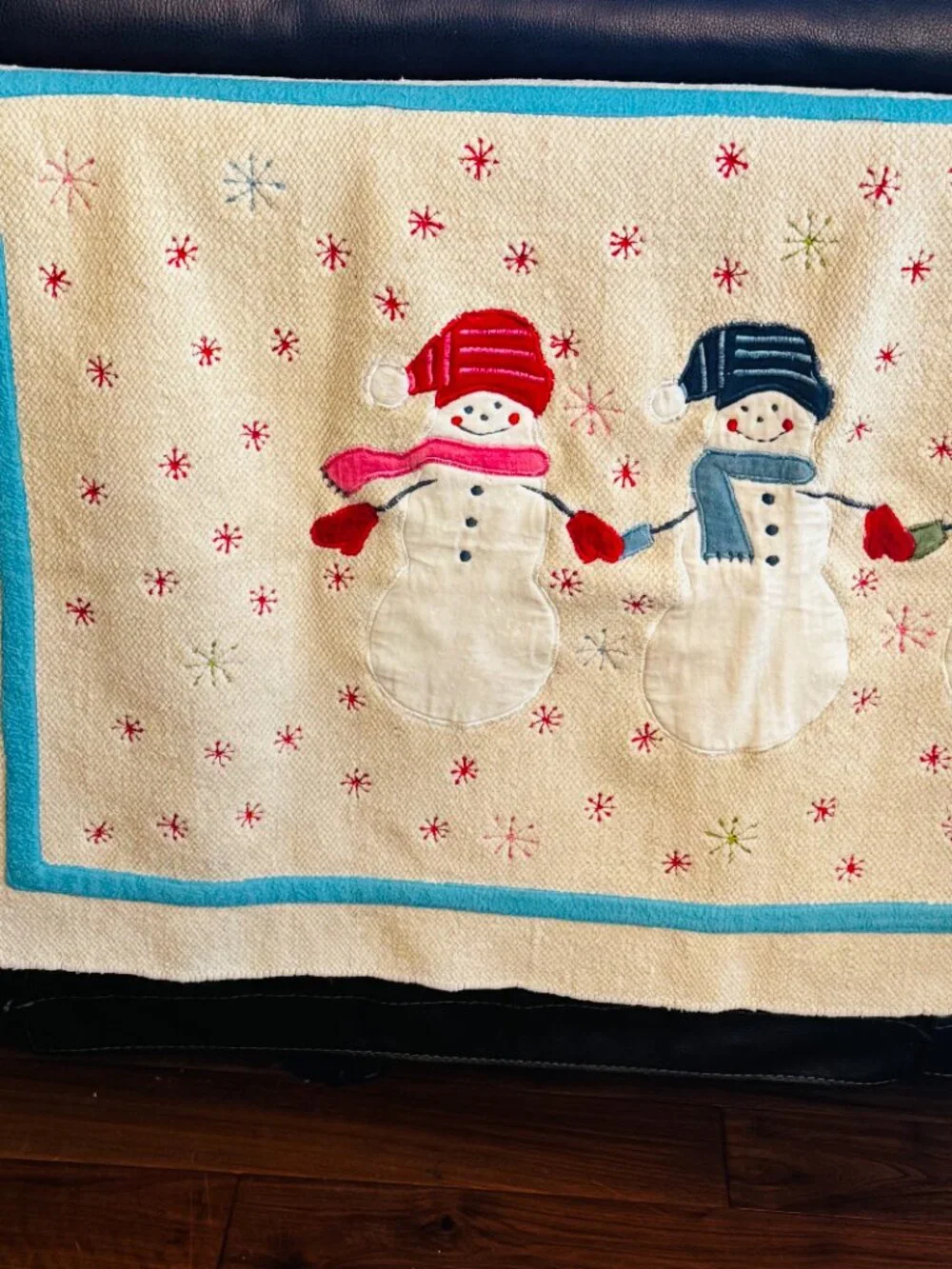 Christmas Bath Mat Embroidery Snowman Cotton Holiday Decor Wish for Joy India